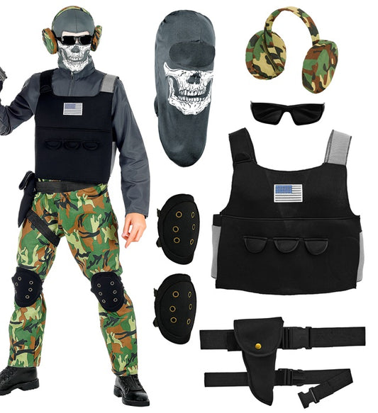 Skeleton Soldier  Overalls, Vest, Knee Pads, Belt, Holster, Mask, Glasses, Earphones 
