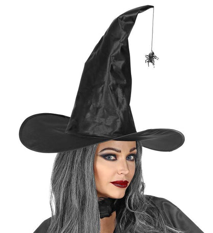 Bendable Satin Witch Hat With Hanging Spider