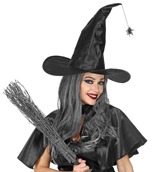 Bendable Satin Witch Hat With Hanging Spider