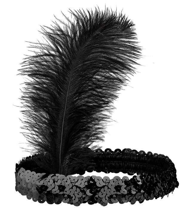 Black Sequin Headband With Feather