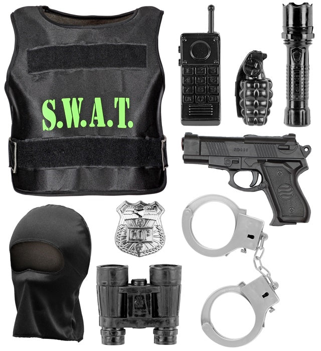 S.W.A.T.  Bulletproof Vest, Mask, Badge, Gun, Handcuffs, Radio, Flashlight, Hand Grenade, Binoculars 