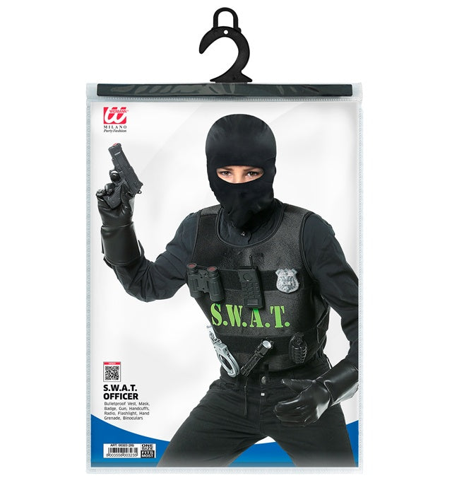 S.W.A.T.  Bulletproof Vest, Mask, Badge, Gun, Handcuffs, Radio, Flashlight, Hand Grenade, Binoculars 