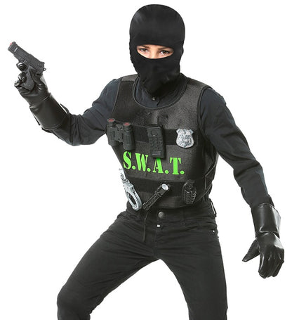 S.W.A.T.  Bulletproof Vest, Mask, Badge, Gun, Handcuffs, Radio, Flashlight, Hand Grenade, Binoculars 