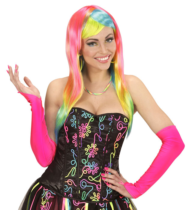 Neon Pink Fingerless Satin Gloves - 43 Cm