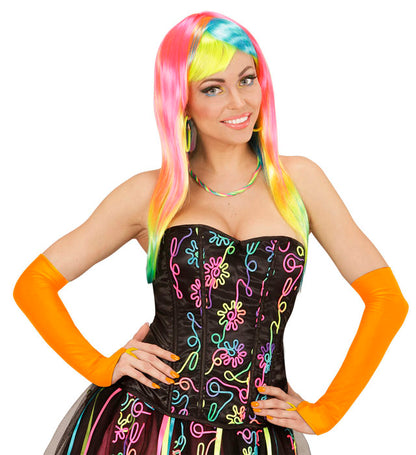 Neon Orange Fingerless Satin Gloves - 43 Cm