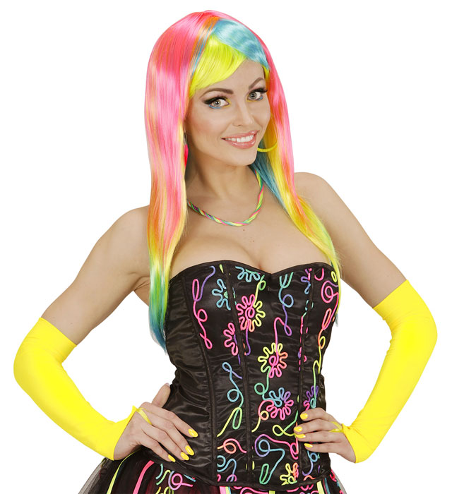 Neon Yellow Fingerless Satin Gloves - 43 Cm