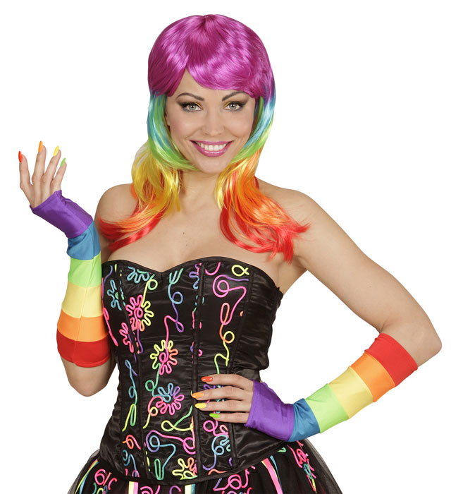 Rainbow Fingerless Satin Gloves - 33 Cm