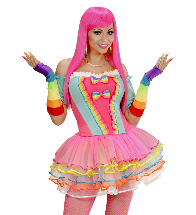 Rainbow Fingerless Satin Gloves - 33 Cm