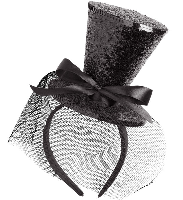 Black  Mini Top Hat On Headband With Bow & Veil