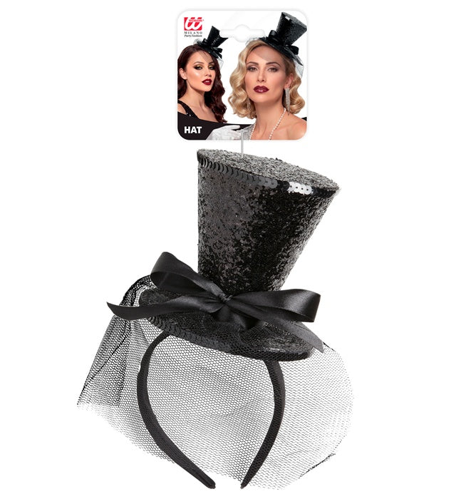 Black  Mini Top Hat On Headband With Bow & Veil