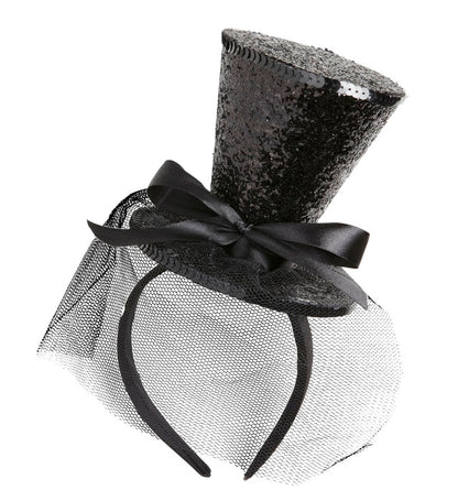 Black  Mini Top Hat On Headband With Bow & Veil