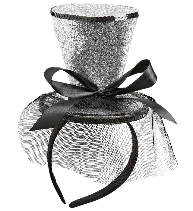 Silver  Mini Top Hat On Headband With Bow & Veil