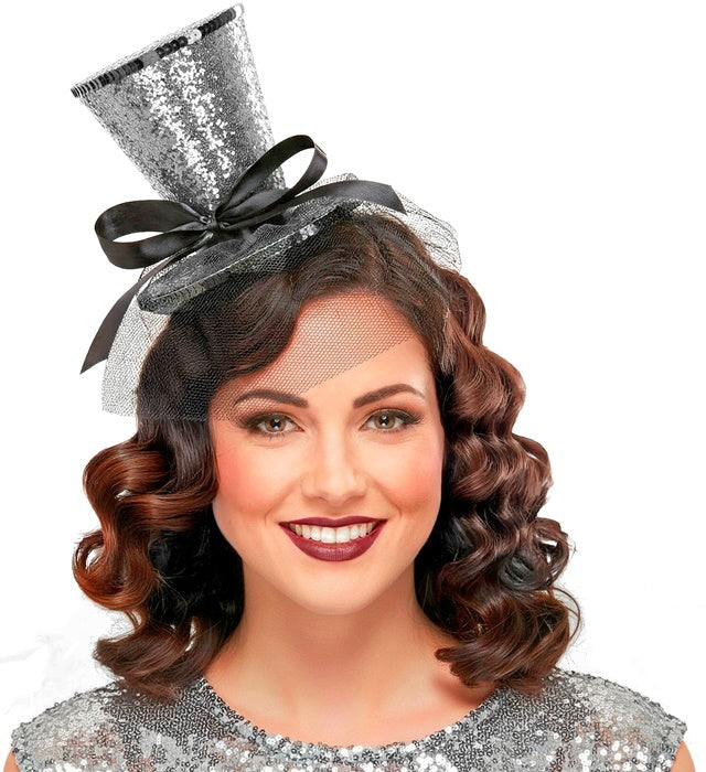 Silver  Mini Top Hat On Headband With Bow & Veil