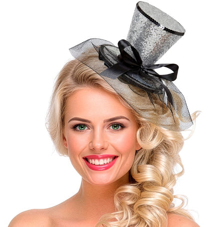 Silver  Mini Top Hat On Headband With Bow & Veil