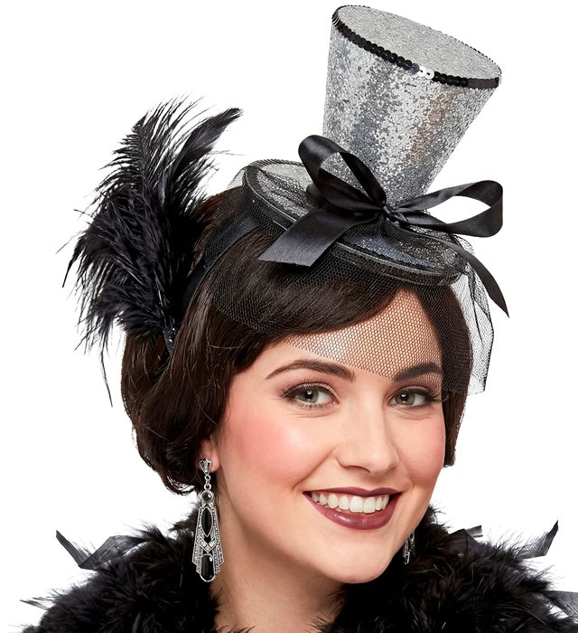 Silver  Mini Top Hat On Headband With Bow & Veil