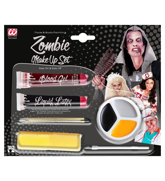 Zombie Make-Up Kit  Liquid Latex 10 Ml, Blood 10 Ml, Black & Grey Pencil 4,8 Ml, Tricolor Makeup 4,5 Ml In Tray, Applicator, 2 Sponges 