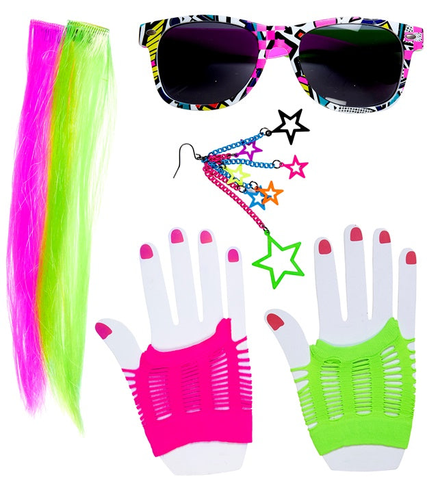 80'S Girl  2 Neon Hair Extensions, Earring, Gloves & Glasses 