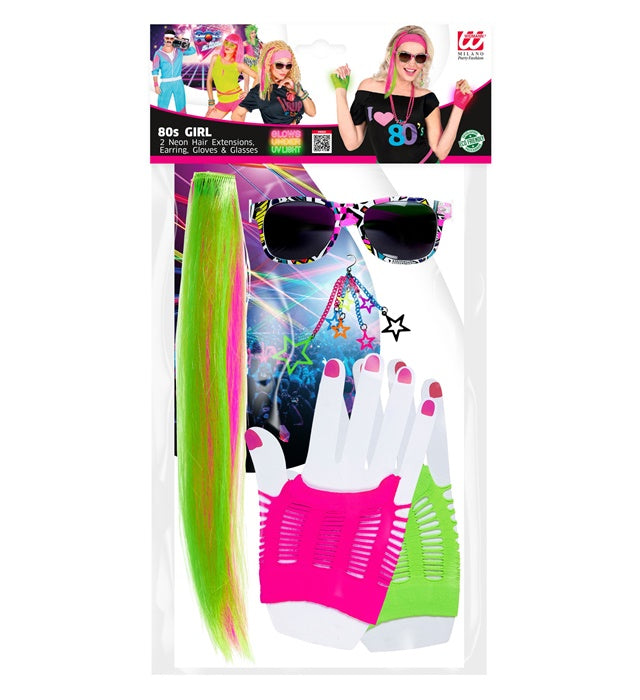 80'S Girl  2 Neon Hair Extensions, Earring, Gloves & Glasses 