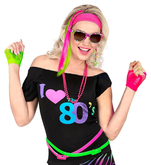 80'S Girl  2 Neon Hair Extensions, Earring, Gloves & Glasses 