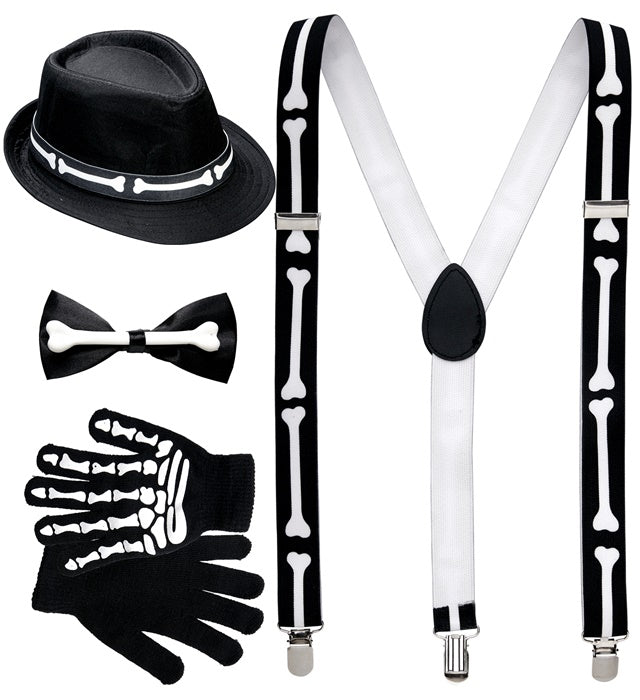 Skeleton  Bone Braces, Bow Tie, Gloves & Hat 