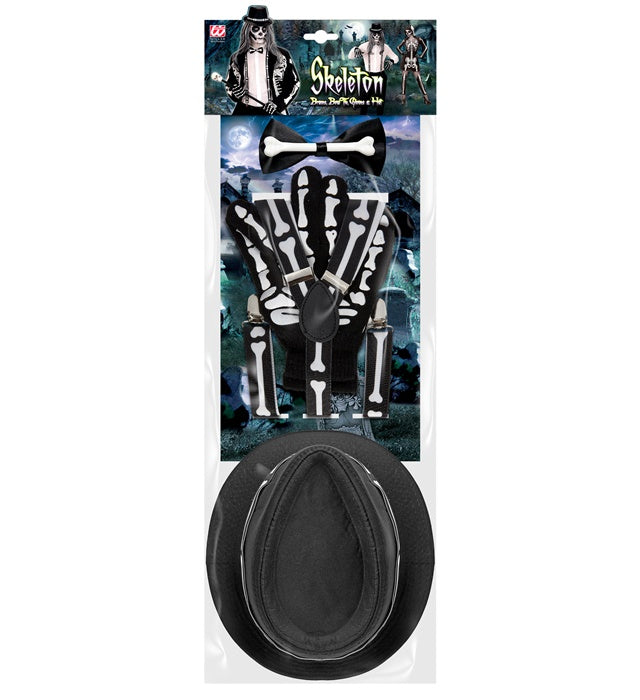 Skeleton  Bone Braces, Bow Tie, Gloves & Hat 