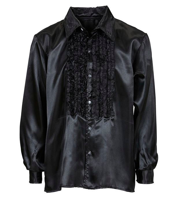 The 70S Disco Fashion  Black Satin Ruffle Shirt 