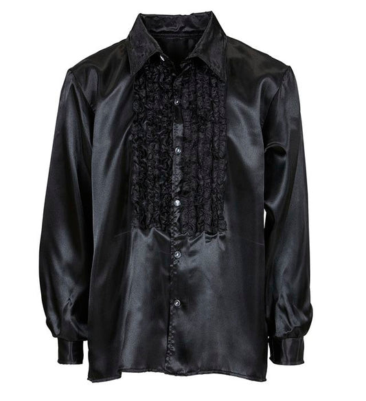 The 70S Disco Fashion  Black Satin Ruffle Shirt 