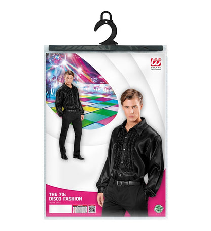 The 70S Disco Fashion  Black Satin Ruffle Shirt 