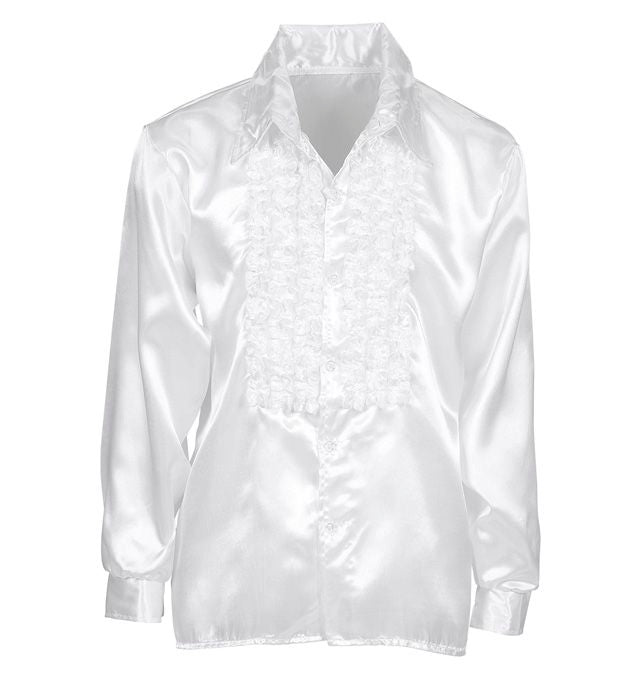 The 70S Disco Fashion  White Satin Ruffle Shirt 
