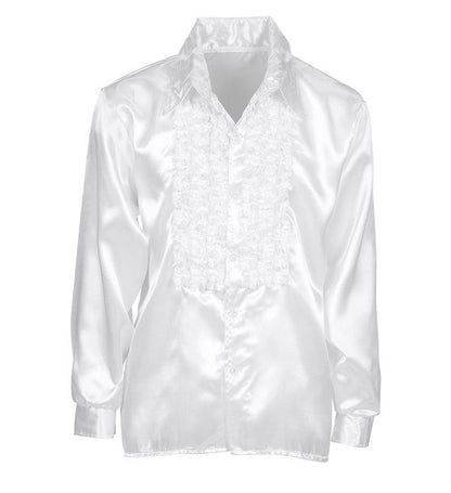 The 70S Disco Fashion  White Satin Ruffle Shirt 