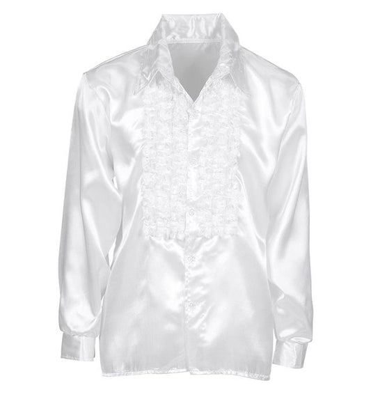 The 70S Disco Fashion  White Satin Ruffle Shirt 