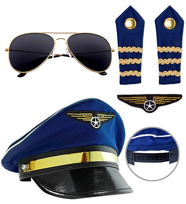 Pilot Set  Hat, Glasses, Epauletten, Aviator Pin 