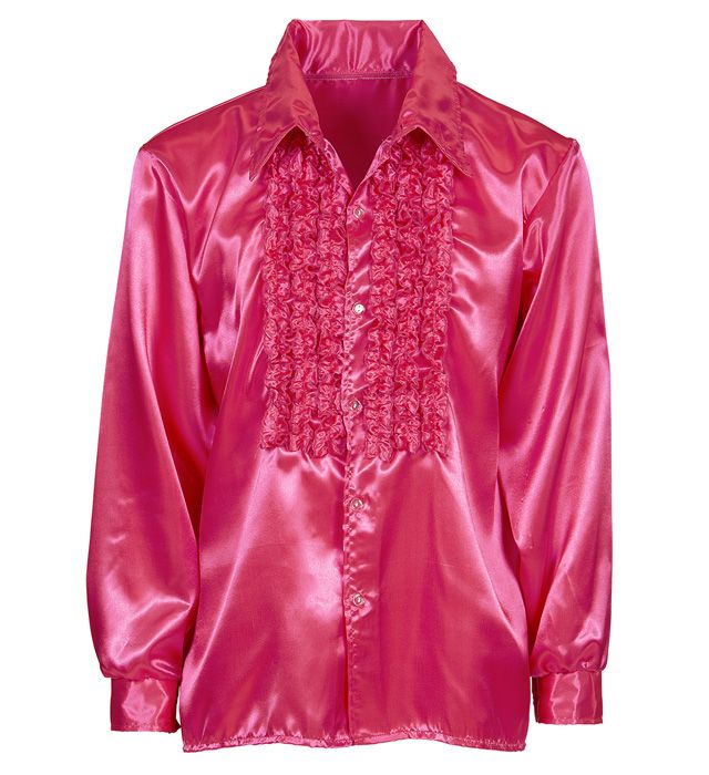 The 70S Disco Fashion  Pink Satin Ruffle Shirt 