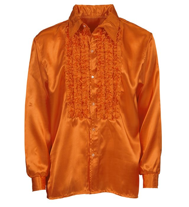 The 70S Disco Fashion  Orange Satin Ruffle Shirt 