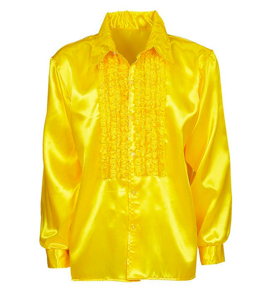 The 70S Disco Fashion  Yellow Satin Ruffle Shirt 