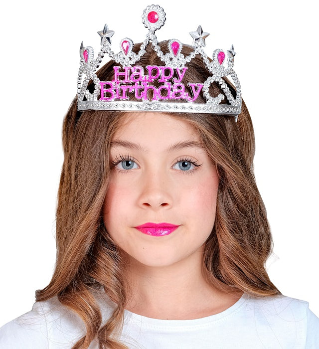 Silver Happy Birthday Tiara With Pink Gems