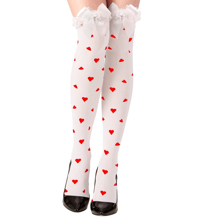 Queen Of Hearts Thigh Highs With White Satin Bow 70 Den
