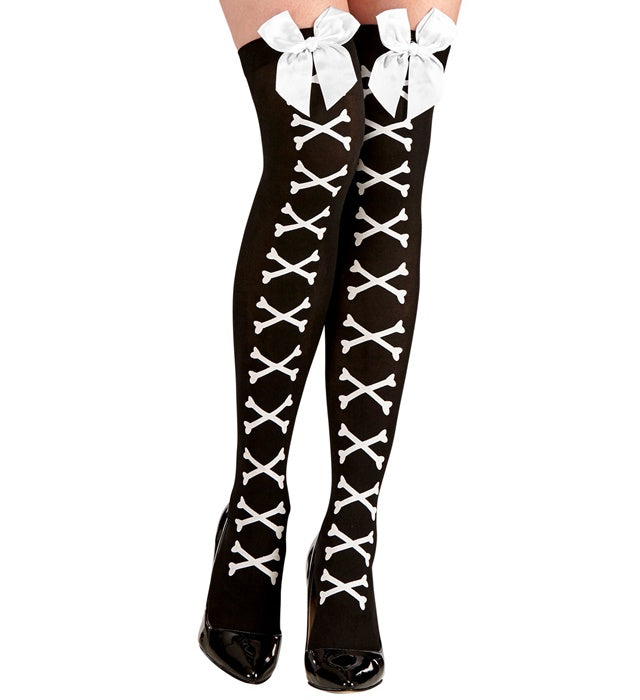 Cross Bones Thigh Highs With White Satin Bow 70 Den