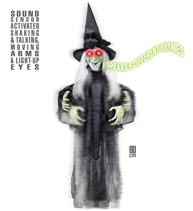 Sound Sensor Activated Animated Shaking & Talking Witch With Moving Arms & Light-Up Eyes 60 Cm - Speaks 5 Different Rhymes 