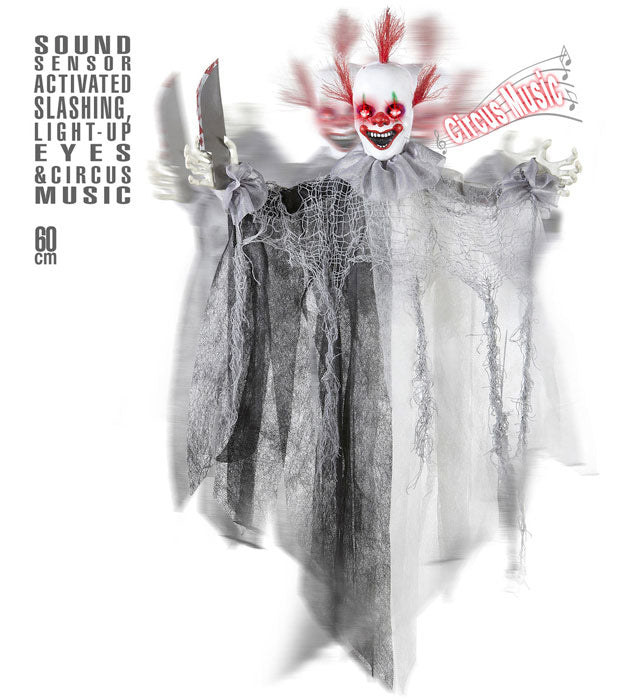 Sound Sensor Activated Animated Slashing Killer Clown With Knife, Light-Up Eyes And Circus Music 60 Cm