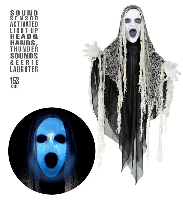 Sound Sensor Activated Sinister Reaper With Light-Up Head &amp; Hands, Thunder Sounds And Eerie Laughter 153 Cm 