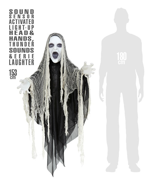Sound Sensor Activated Sinister Reaper With Light-Up Head &amp; Hands, Thunder Sounds And Eerie Laughter 153 Cm 