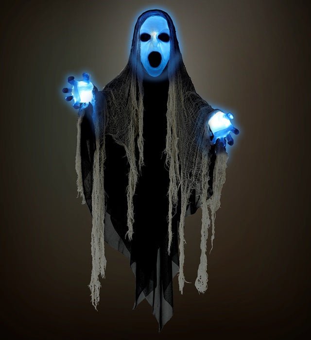 Sound Sensor Activated Sinister Reaper With Light-Up Head &amp; Hands, Thunder Sounds And Eerie Laughter 153 Cm 