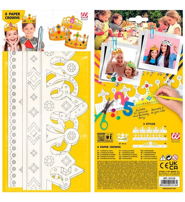Set Of 6 Paintable Paper Crowns 3 Styles Ass.