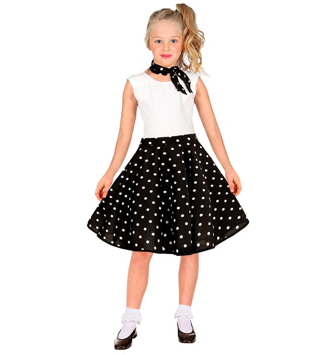 Black 50S Polka Dots Skirt & Neck Scarf Child Size  Adjustable Waist Circumference 28-33Cm 