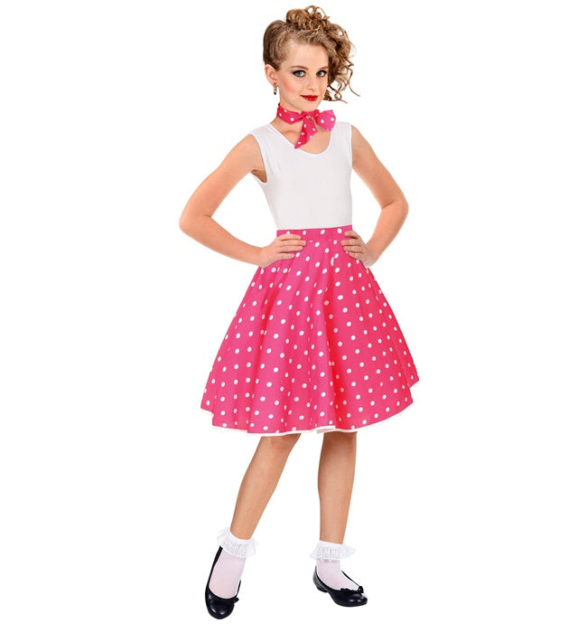 Pink 50S Polka Dots Skirt & Neck Scarf Child Size  Adjustable Waist Circumference 28-33Cm 