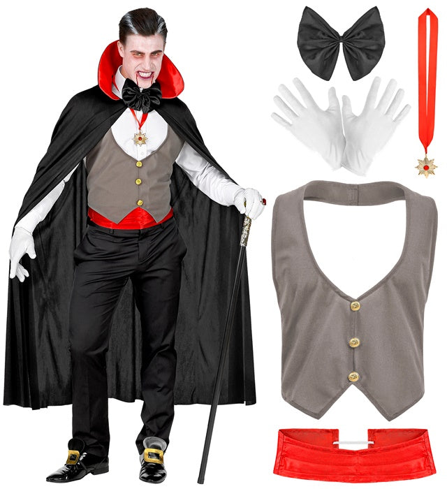 Vampire  Vest, Cummerbund, Bow Tie, Necklace With Medallion, Gloves, Cape 