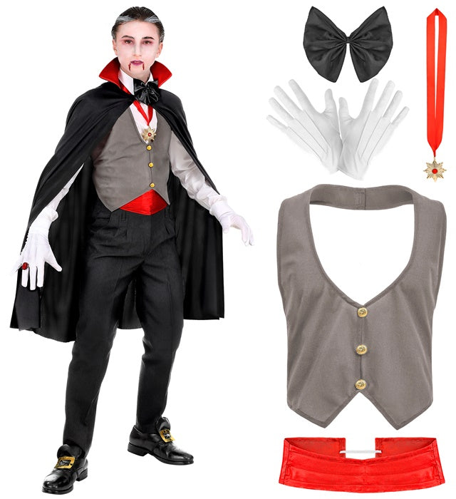 Vampire  Vest, Cummerbund, Bow Tie, Necklace With Medallion, Gloves, Cape 