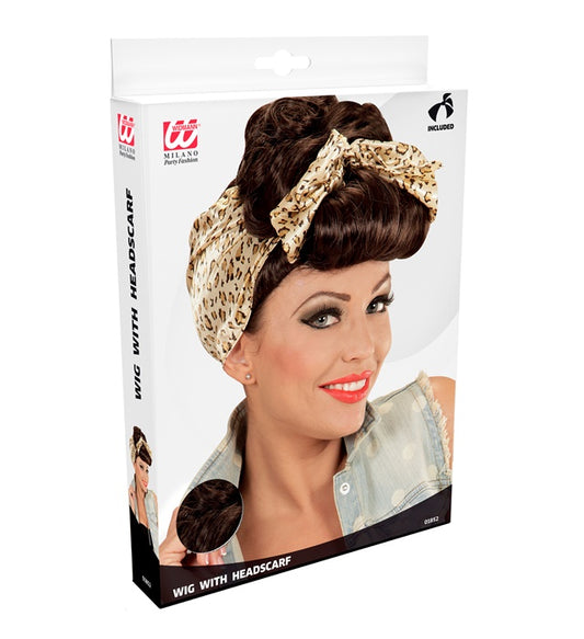 Brown Rockabilly Pin Up Girl Wig With Animalier Headscarf In Box