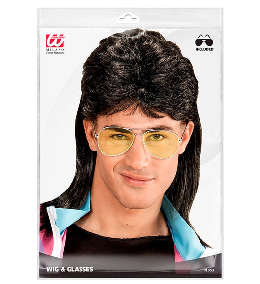 Black 80'S Mullet Wig With Glasses In Polybag